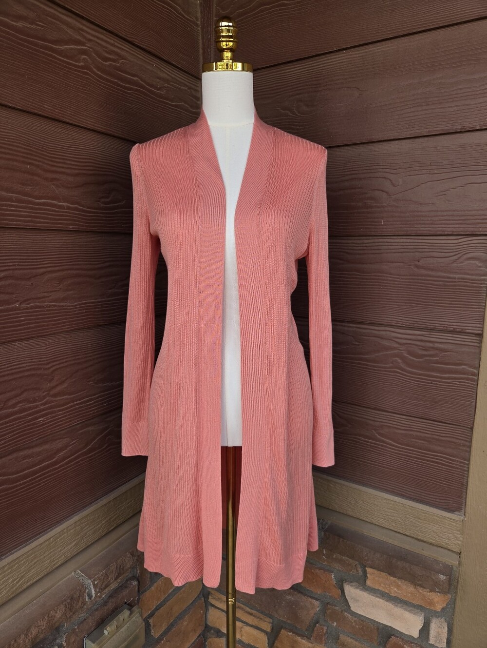 LOFT Women’s Light Coral Ribbed Open‑Front Cardigan – Size Medium NWOT